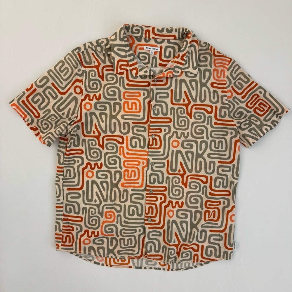 Cream Red Abstract Print Banks Journal Large SS Button Shirt Short Sleeve Summer